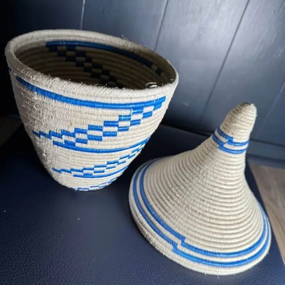 Authentic Rwandan Agaseke Peace Basket Handwoven Blue & Cream Sisal 13